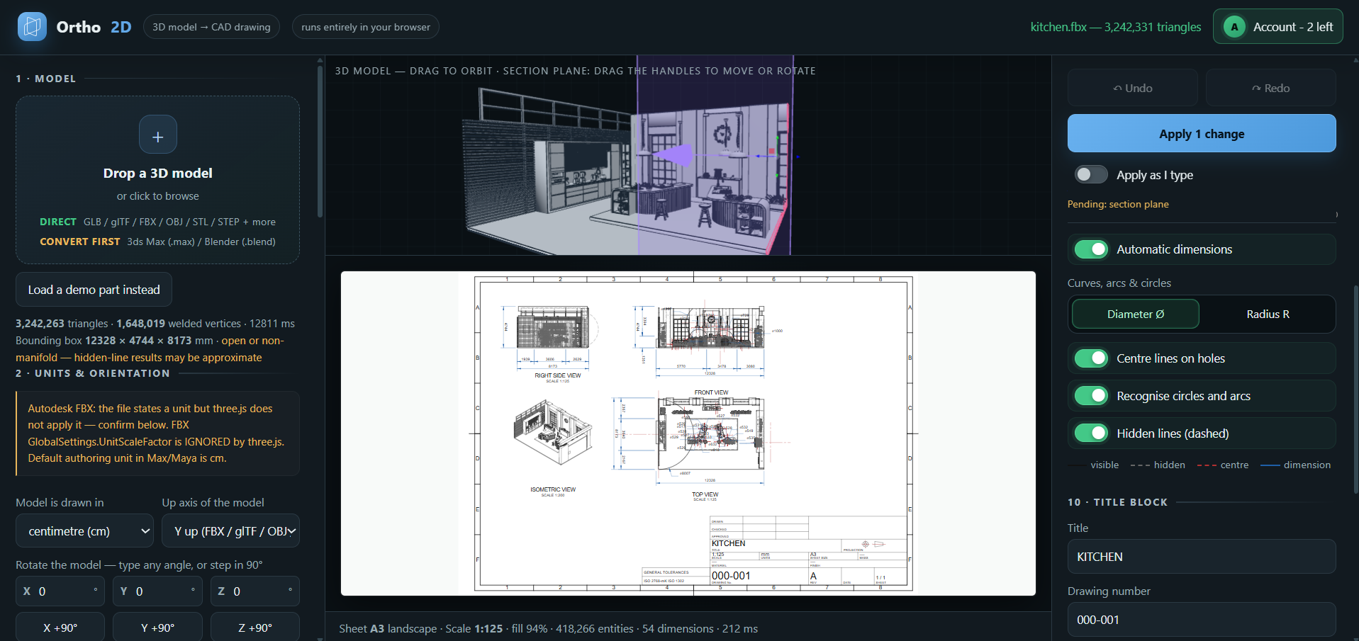 Ortho2D workspace showing a 3D kitchen model and its dimensioned drawing sheet.