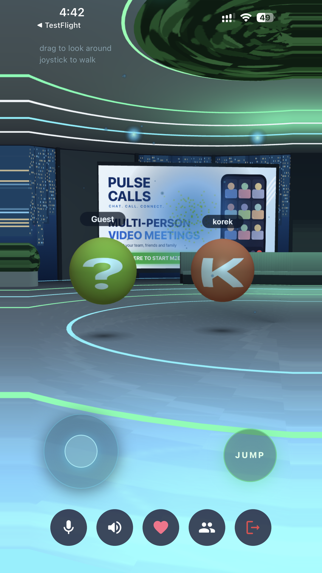 Avatars in the PulseCalls Virtual Majlis, with voice chat and movement controls.